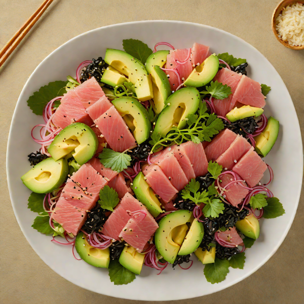 Sushi-Style Tuna Poke Bowl with Avocado and Seaweed Salad