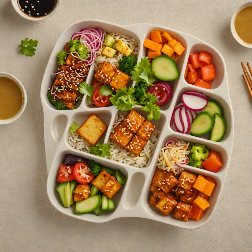 Vegetarian Bento Box with Teriyaki Tofu and Pickled Vegetables