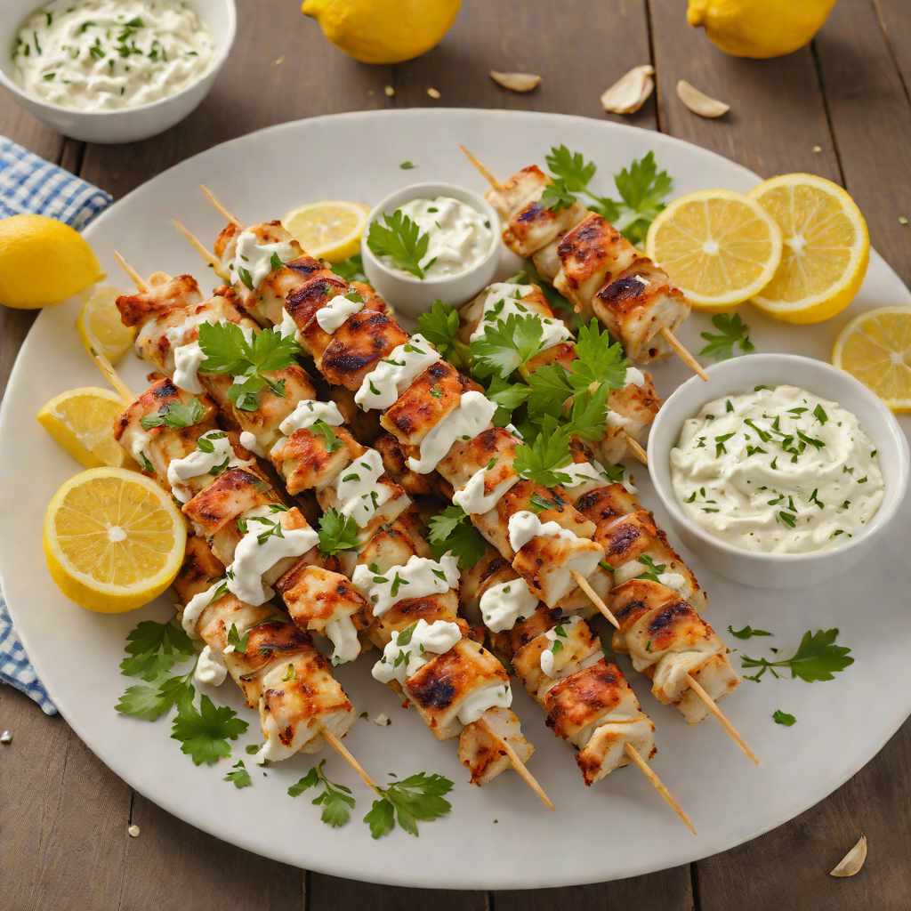 Lemon-Garlic Chicken Souvlaki with Warm Pita and Tzatziki