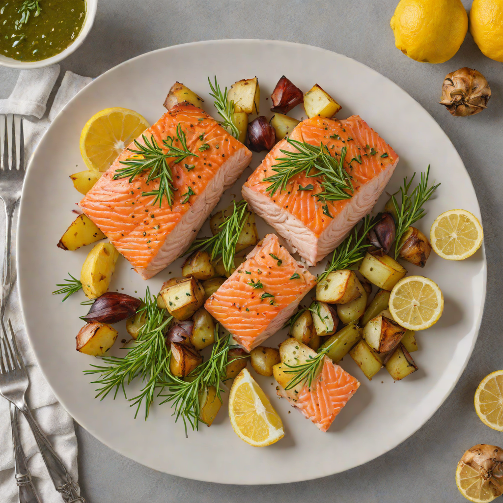 Baked Lemon-Rosemary Salmon with Roasted Garlic Potatoes