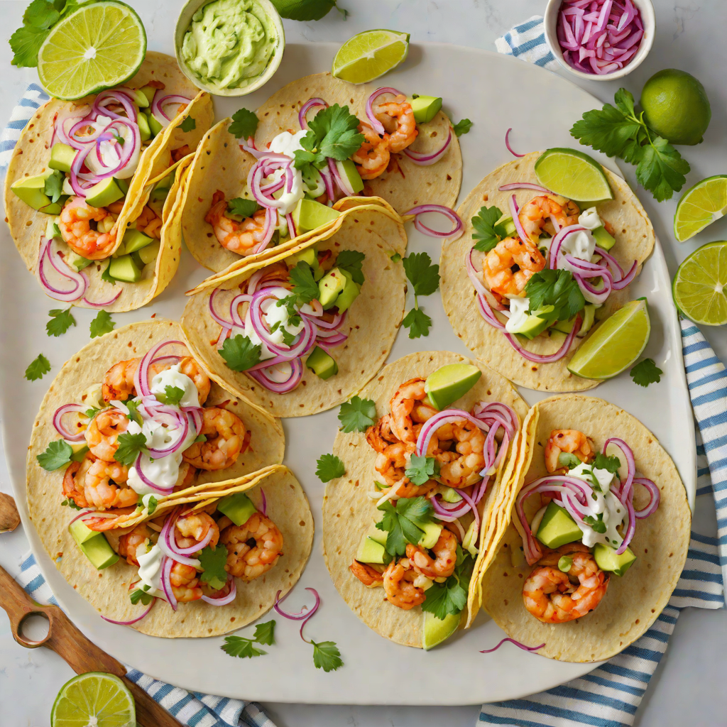 Chili-Lime Shrimp Tacos with Avocado Crema and Pickled Red Onion