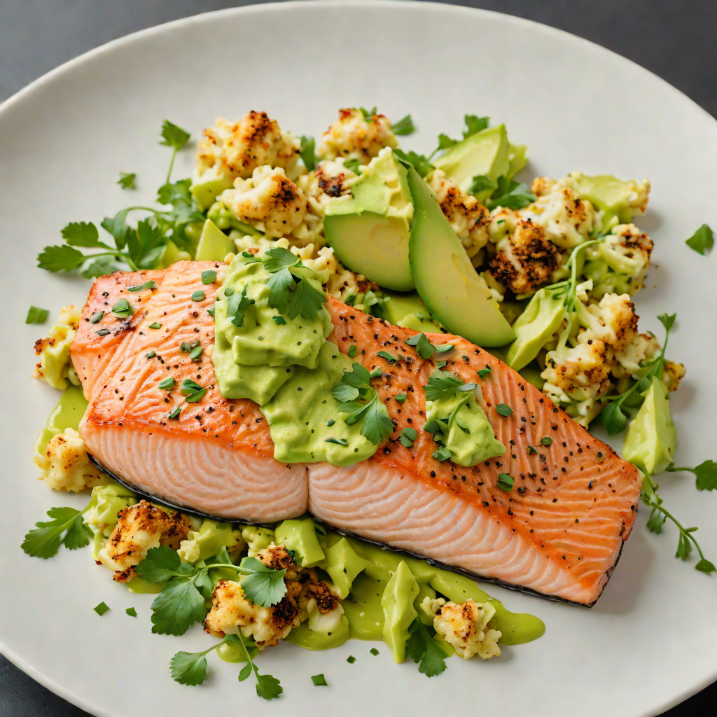 Pan-Seared Salmon with Avocado-Cilantro Sauce and Roasted Cauliflower