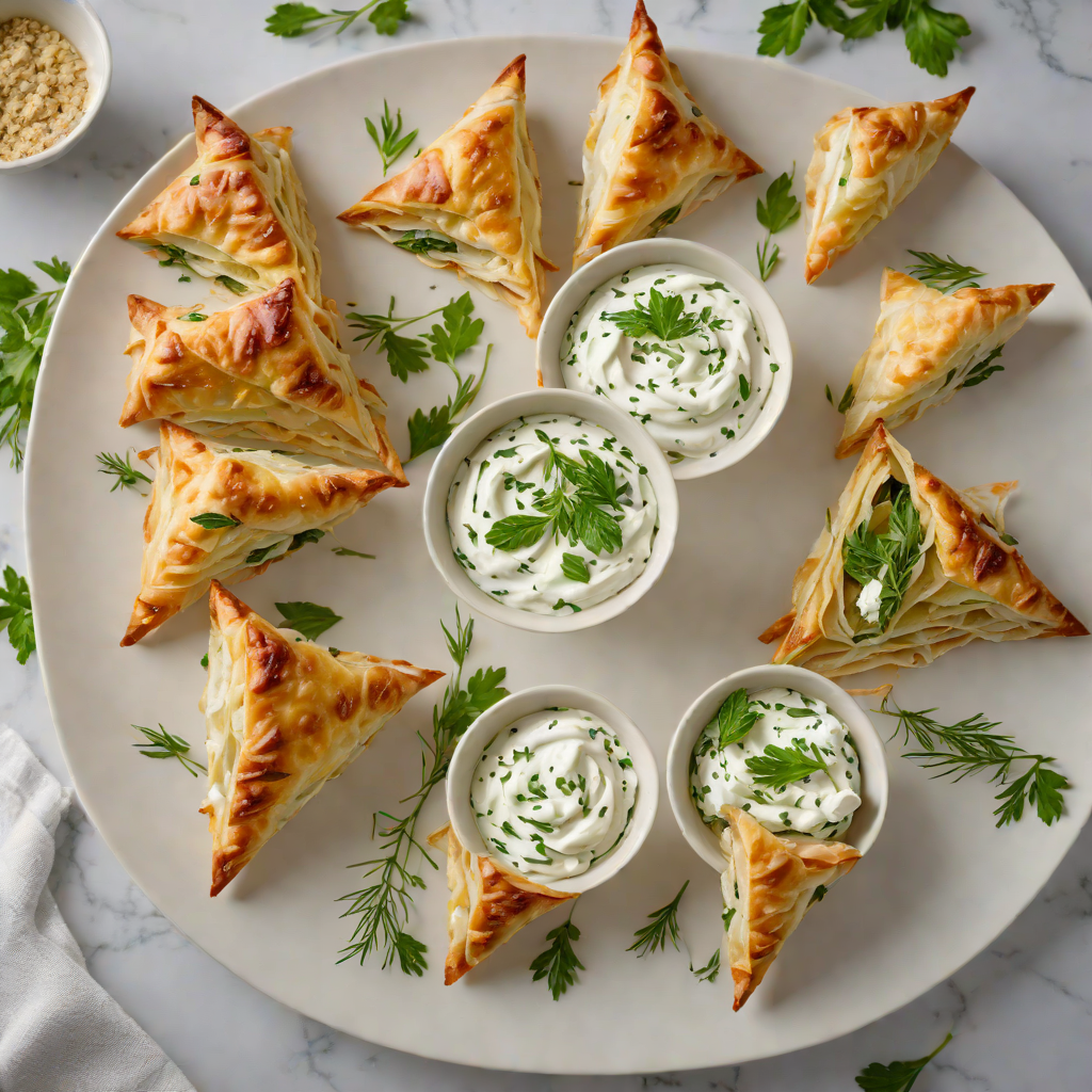 Phyllo-Wrapped Spinach and Feta Triangles with Dill Yogurt Dip