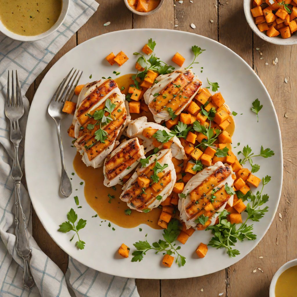 Skillet-Seared Chicken with Roasted Sweet Potato and Garlic Herb Sauce