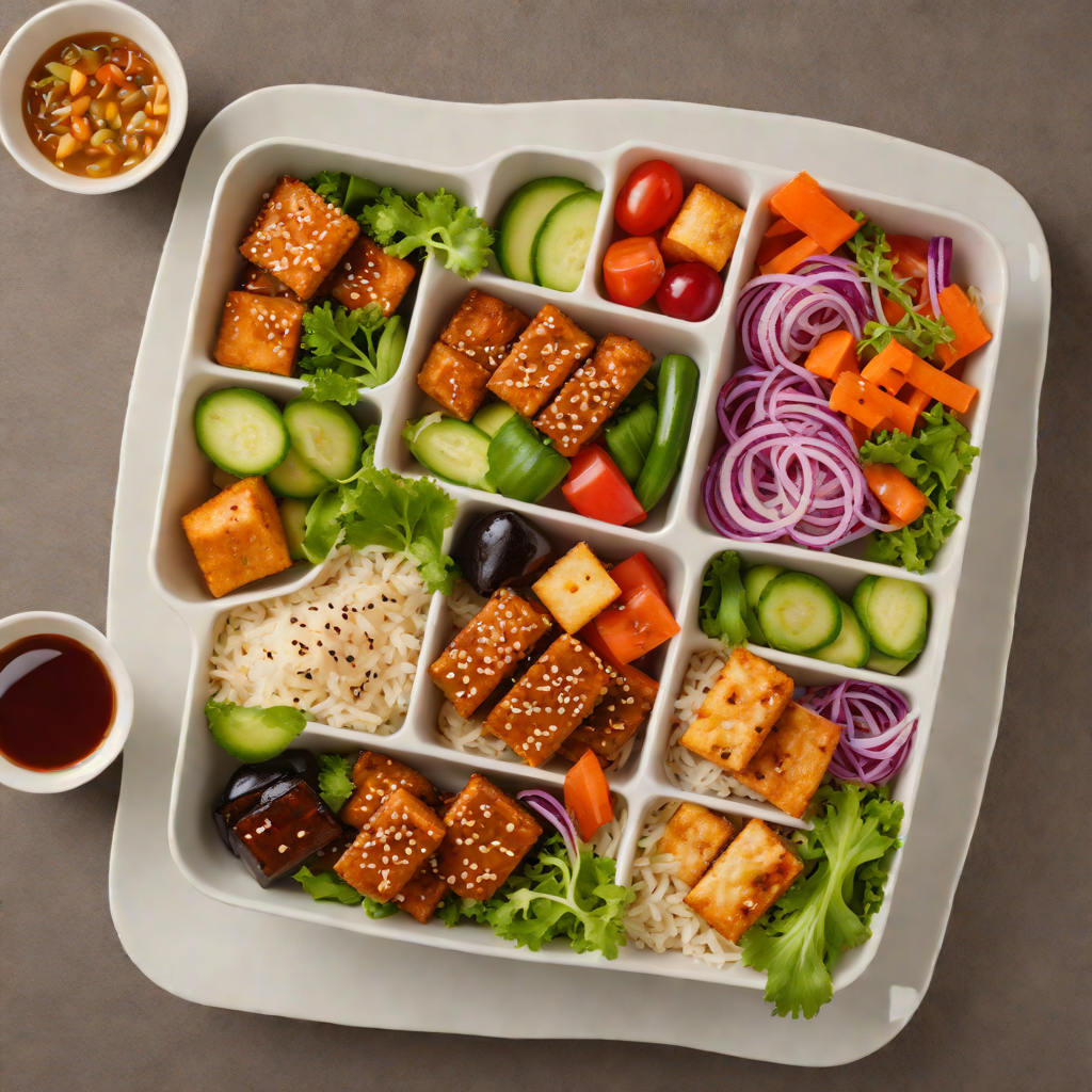 Asian Fusion Bento Box with Teriyaki Tofu and Pickled Vegetables