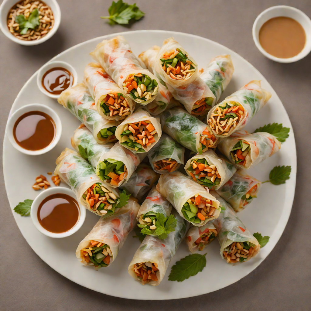 Crisped Vietnamese Rice Paper Spring Rolls with Peanut Dipping Sauce