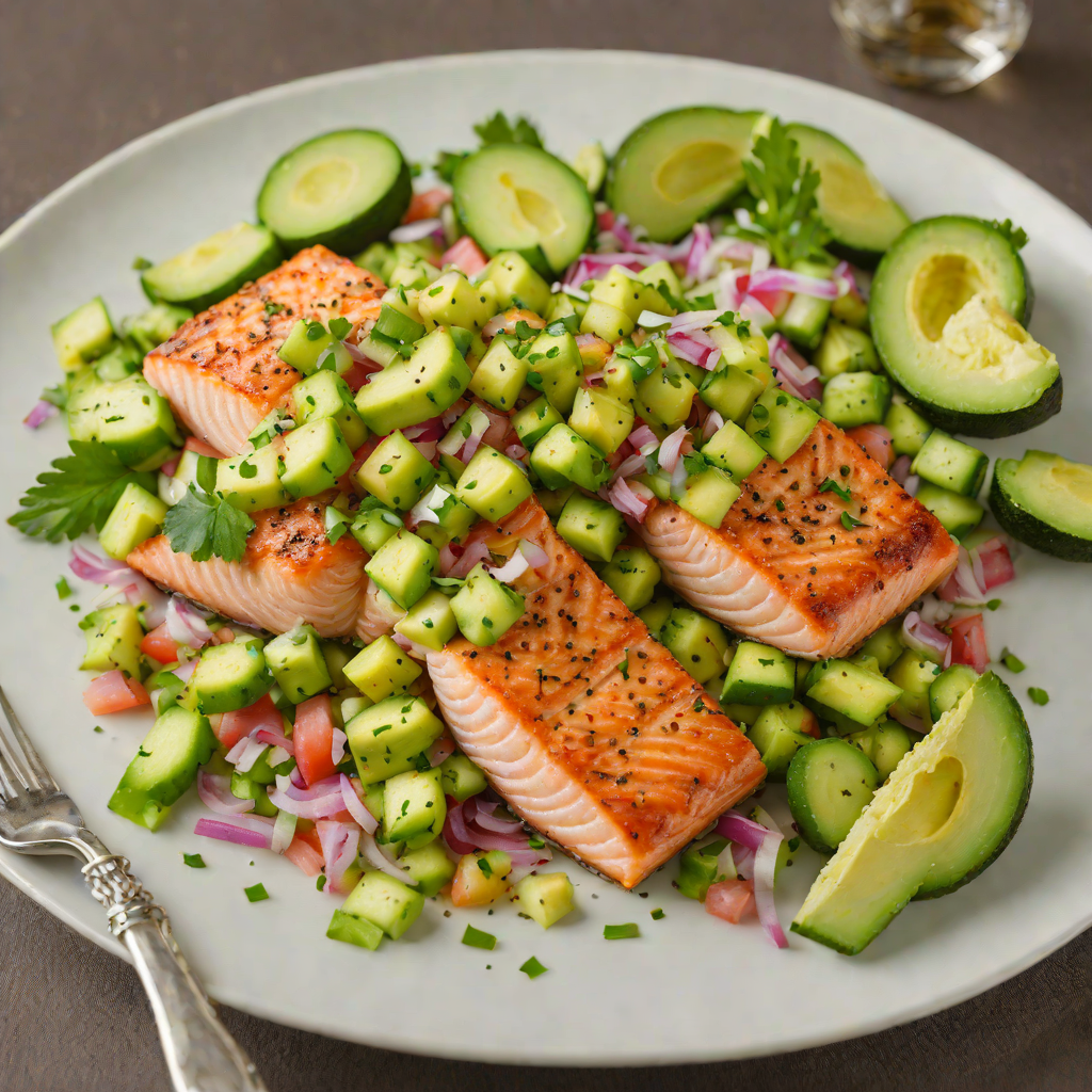 Pan-Roasted Salmon with Avocado Salsa and Cucumber Salad