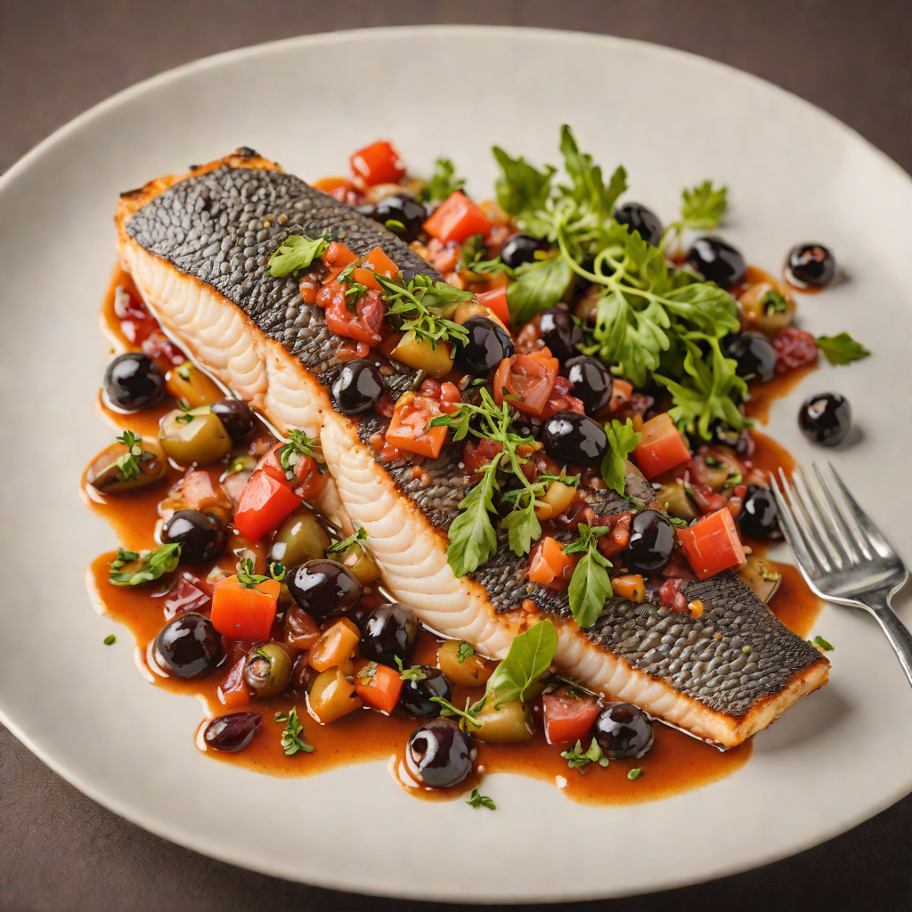 Pan-Seared Sea Bass with Tomato-Caper Sauce and Kalamata Olives