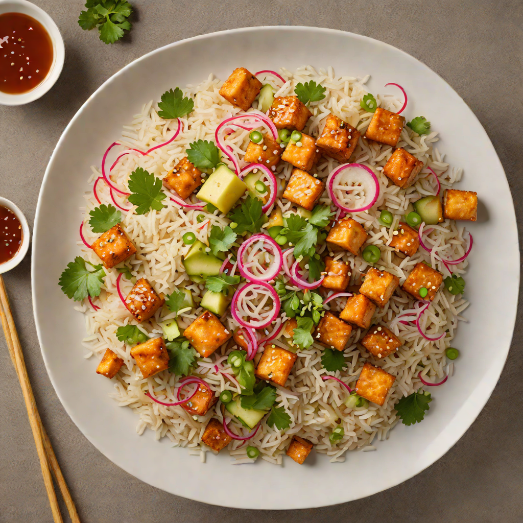 Vegetarian Asian Fusion Rice Bowl with Sesame Tofu and Pickled Radish