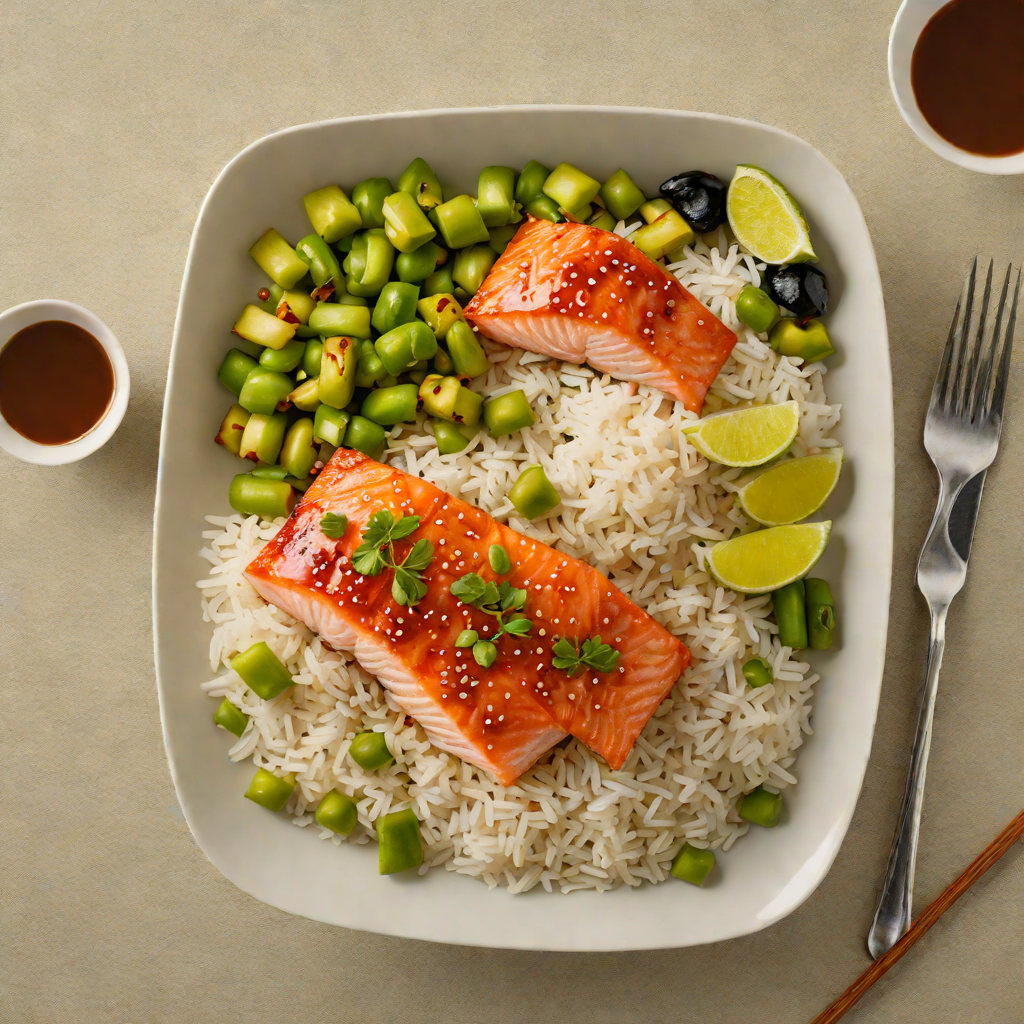 Bento Box Teriyaki Salmon with Steamed Rice and Edamame