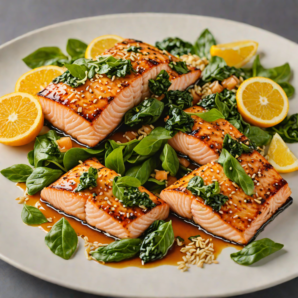 Half-Orange Glazed Grilled Salmon with Sesame Spinach