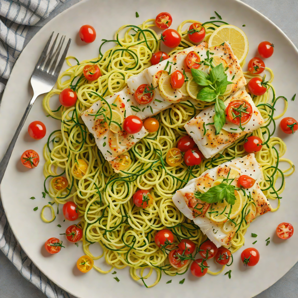 Lemon-Tarragon Baked Cod with Zucchini Noodles and Cherry Tomatoes