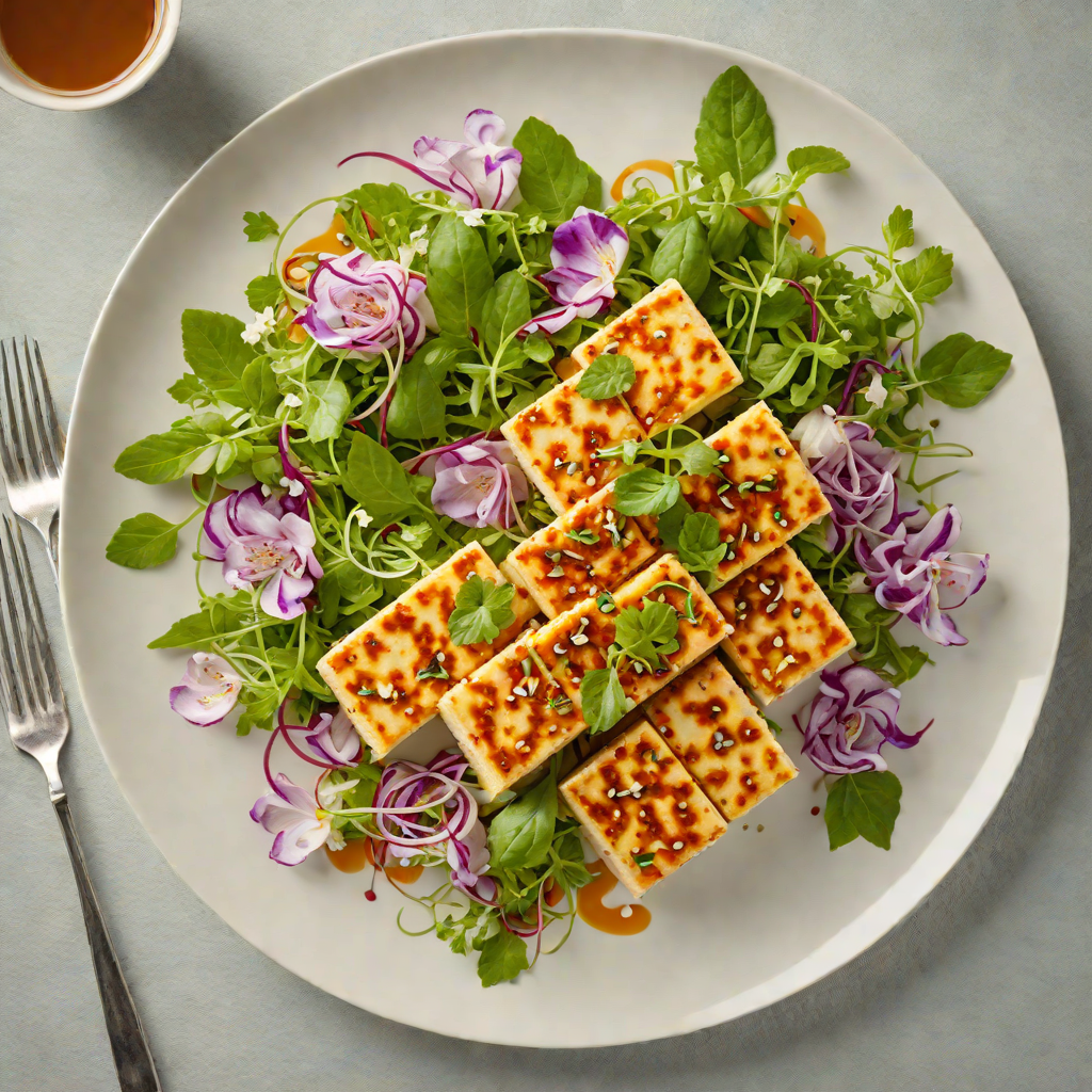 Pan-Fried Tofu with Sweet Flower Glaze and Spring Herb Salad