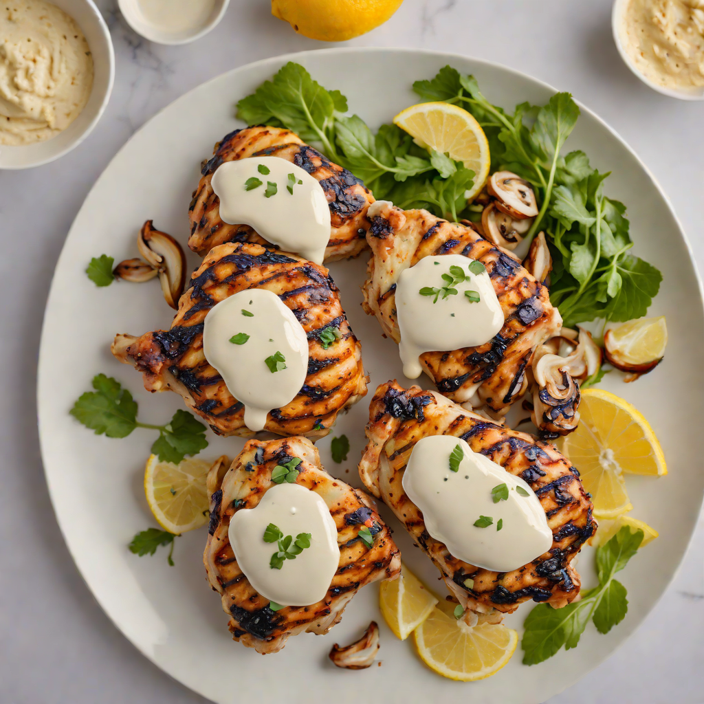 Grilled Lemon-Tahini Chicken Thighs with Roasted Garlic Yogurt Sauce