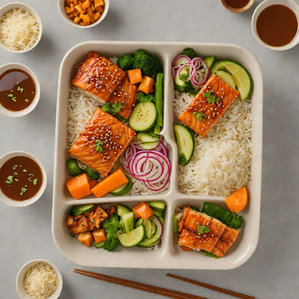 Miso-Glazed Salmon Bento Box with Steamed Rice and Pickled Vegetables