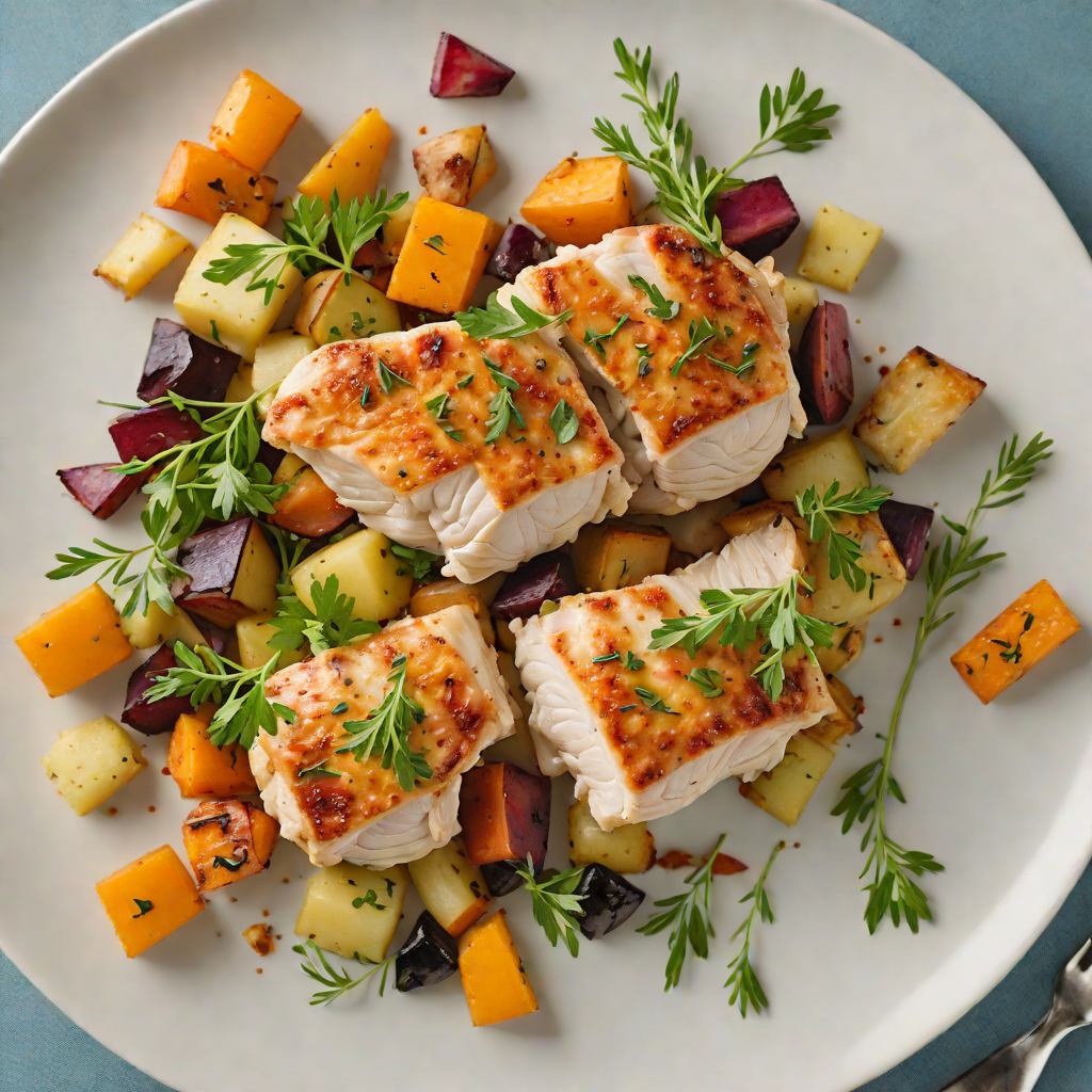 Pan-Seared Chicken with Roasted Root Vegetables and Garlic-Tarragon Sauce