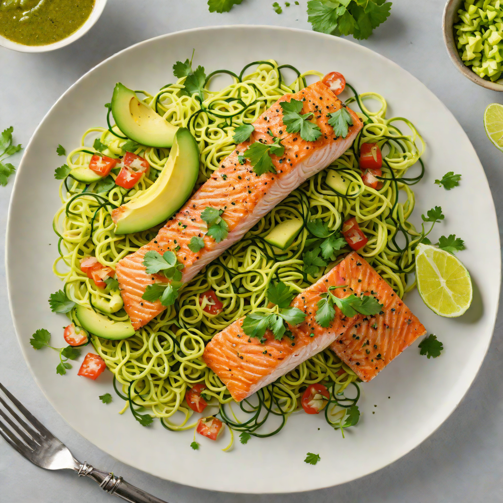 Skillet-Seared Salmon with Avocado-Cilantro Salsa and Zucchini Noodles