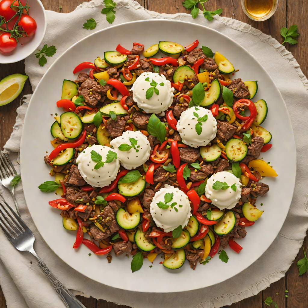 Skillet Beef and Zucchini Hash with Roasted Red Peppers