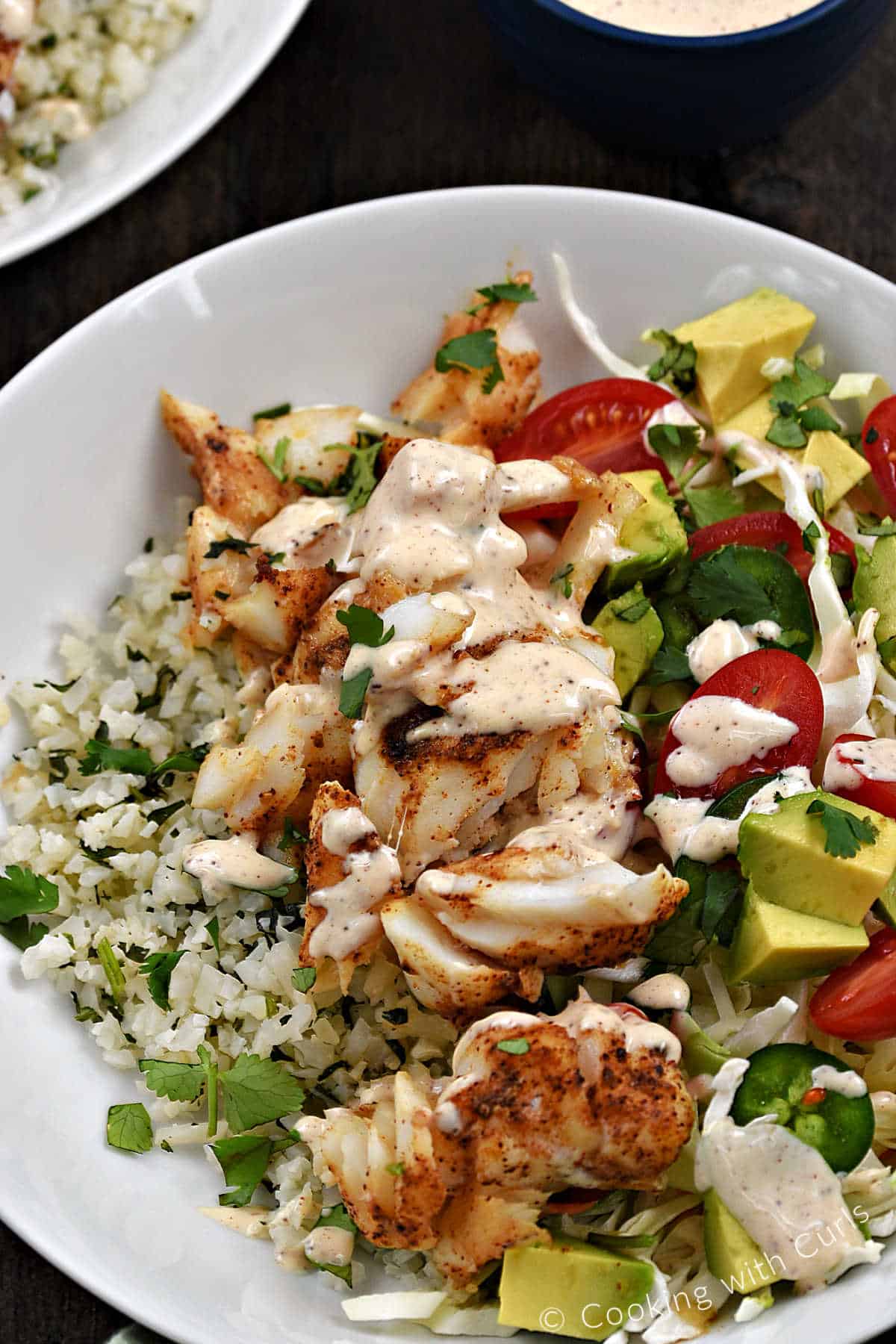 Baked Cod with Tomato-Avocado Salsa and Cilantro-Lime Cauliflower Rice