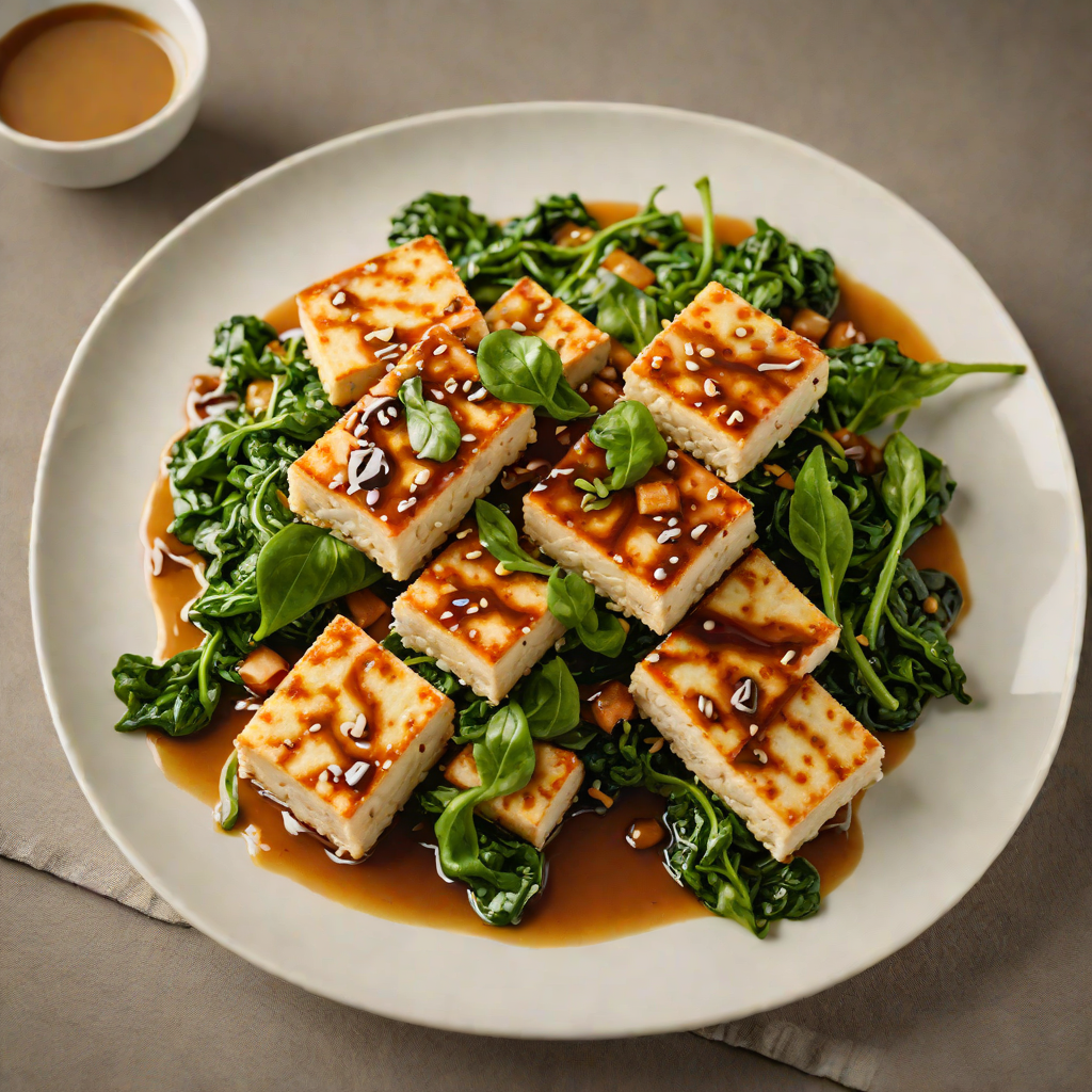 Pan-Fried Tofu with Miso-Ginger Glaze and Wilted Spinach