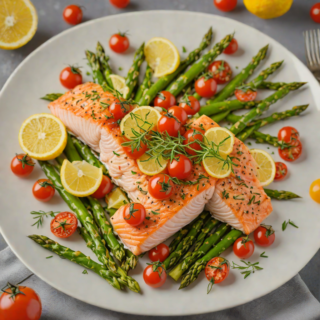 Lemon-Garlic Baked Salmon with Asparagus and Cherry Tomatoes