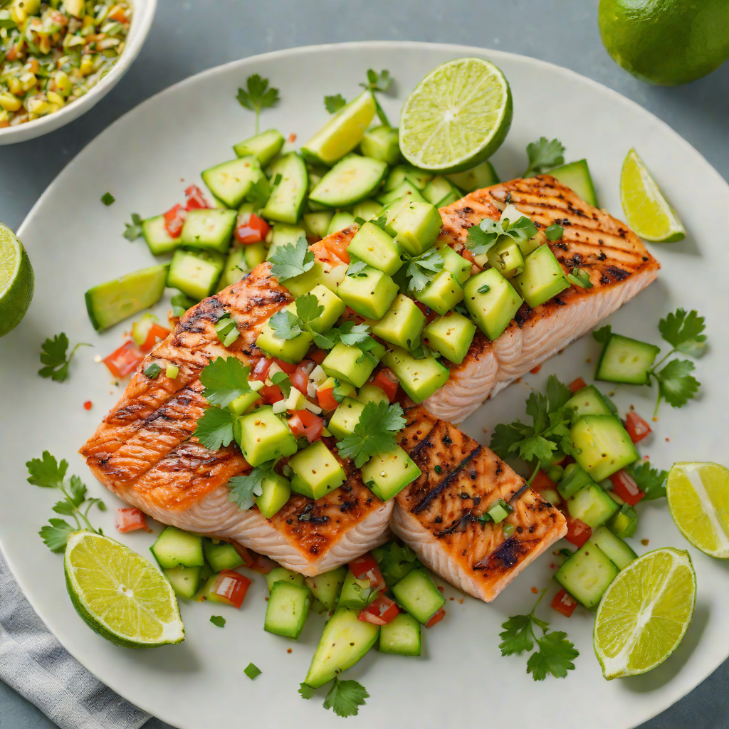 Lime-Ginger Grilled Salmon with Avocado Cucumber Salsa