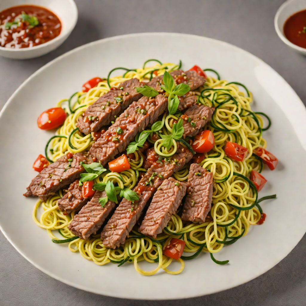 Sautéed Grass-Fed Beef Strips with Zucchini Noodles and Tomato Basil Sauce