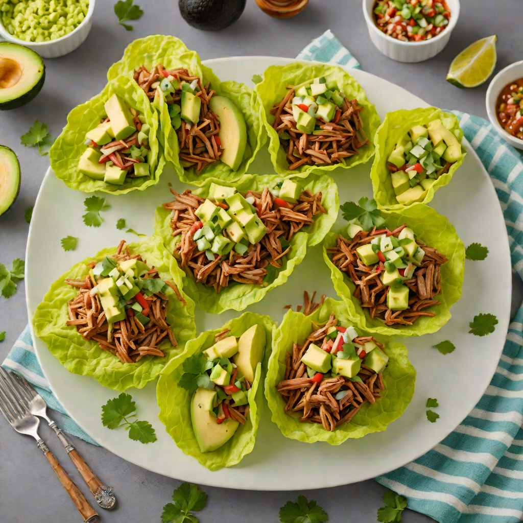 Shredded Pulled Pork Lettuce Wraps with Avocado Salsa