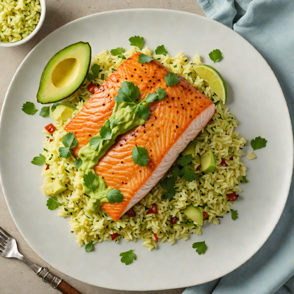 Pan-Roasted Salmon with Avocado-Cilantro Sauce and Cauliflower Rice