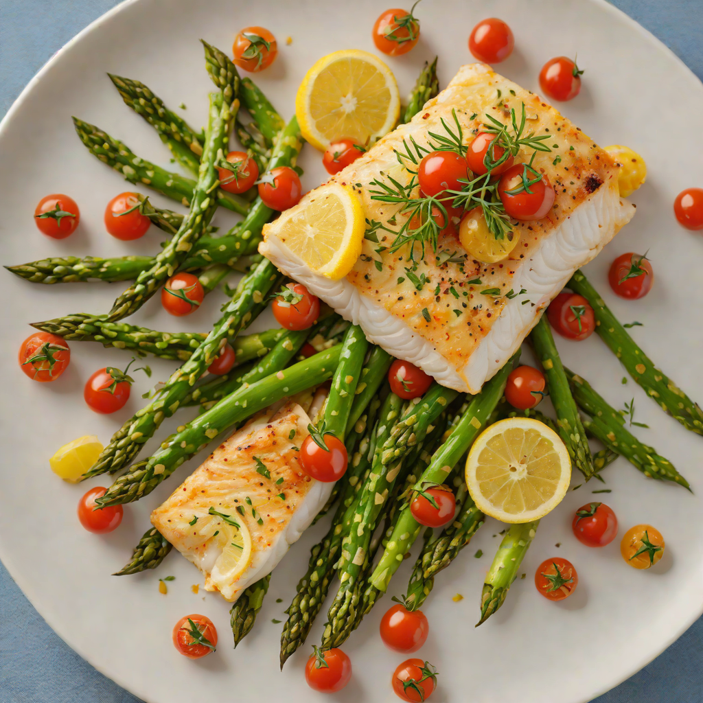 Roasted Cod with Lemon-Garlic Asparagus and Cherry Tomatoes