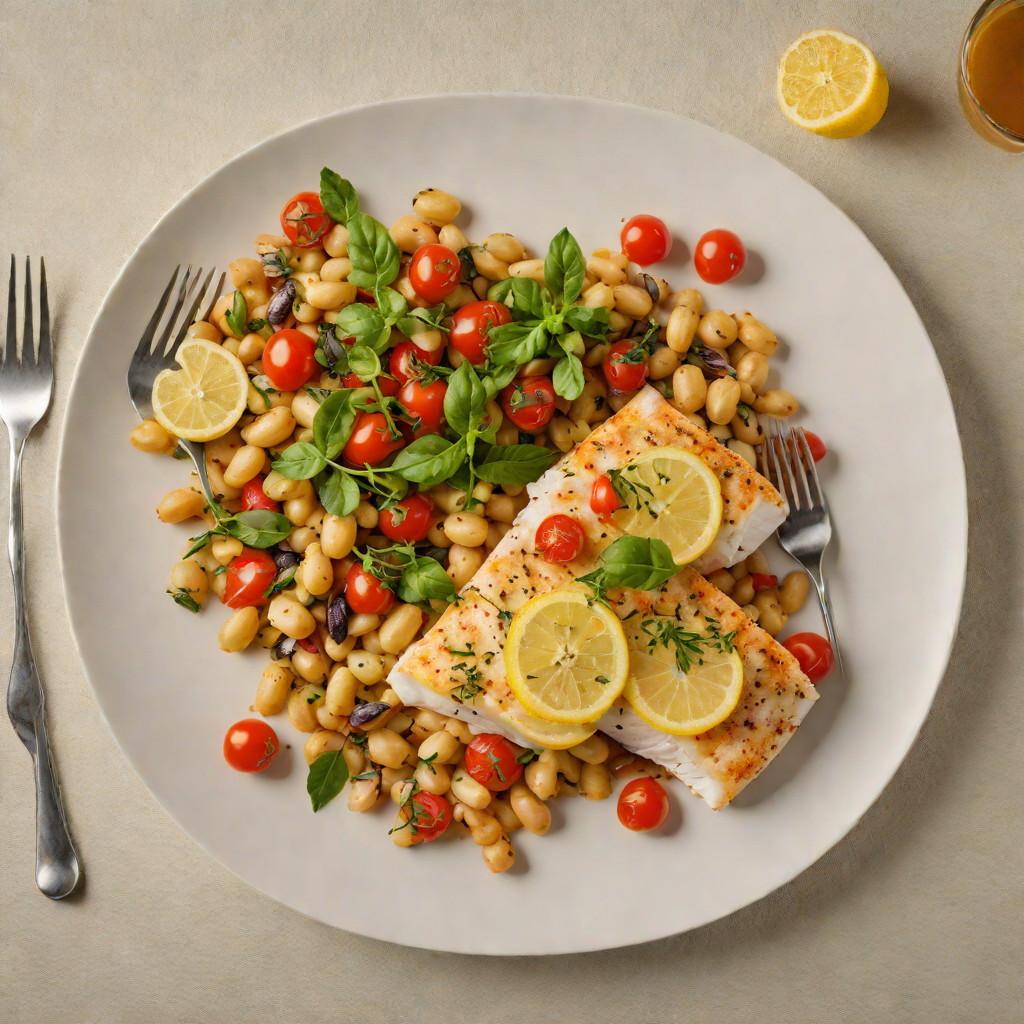 Lemon-Oregano Roasted Cod with Gigantes Beans and Tomato
