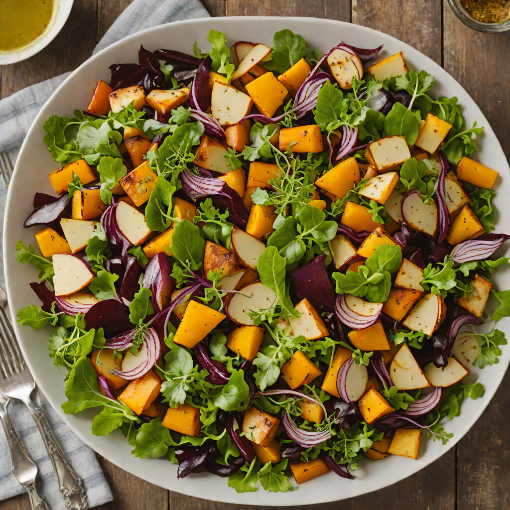 Midwestern Harvest Salad with Roasted Root Vegetables and Maple-Dijon Vinaigrette