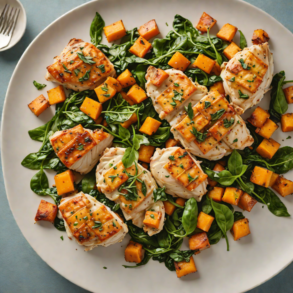 Sautéed Chicken with Roasted Sweet Potatoes and Garlic Spinach