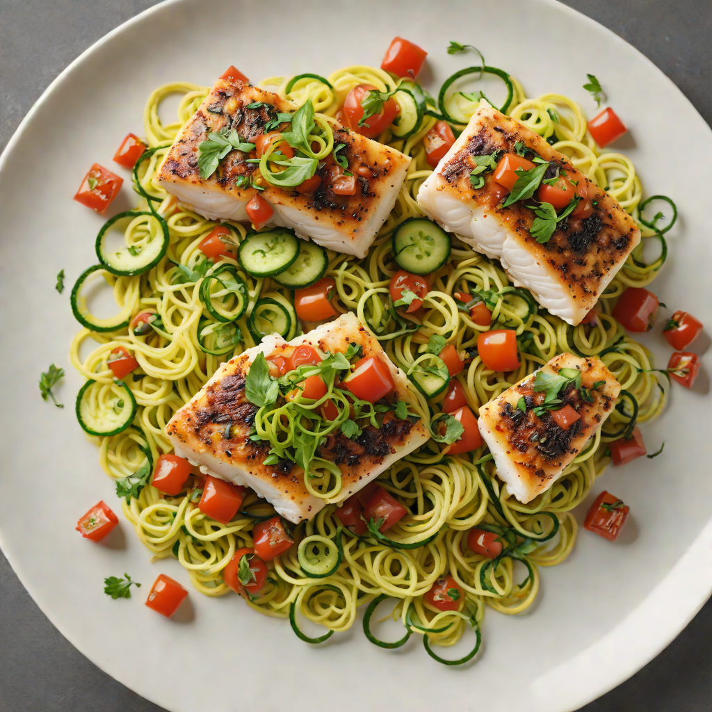 Baked Cod with Tomato-Olive Salsa and Zucchini Noodles