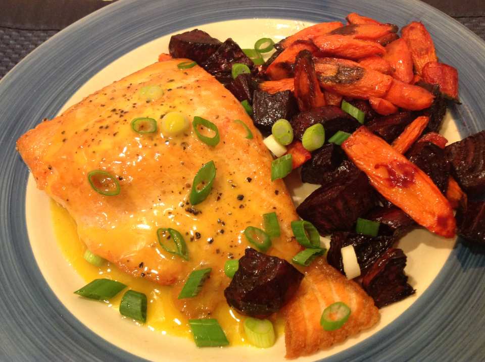 Herb-Crusted Salmon with Roasted Root Veggie Medley