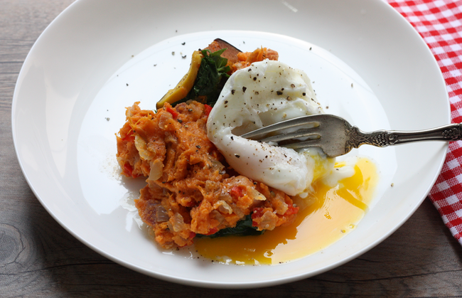 Maple-Bacon Sweet Potato Hash with Poached Eggs