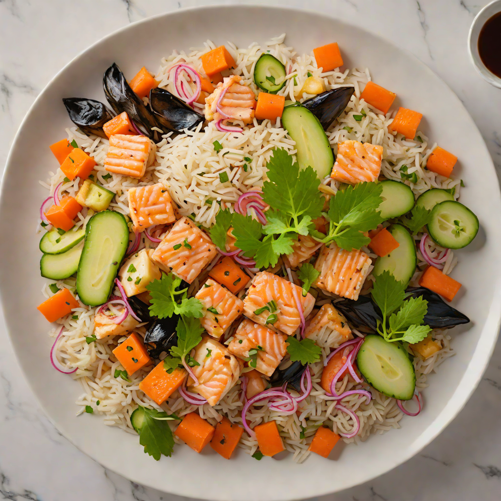 Sustainable Seafood Rice Bowl with Ginger Soy Glaze and Pickled Vegetables