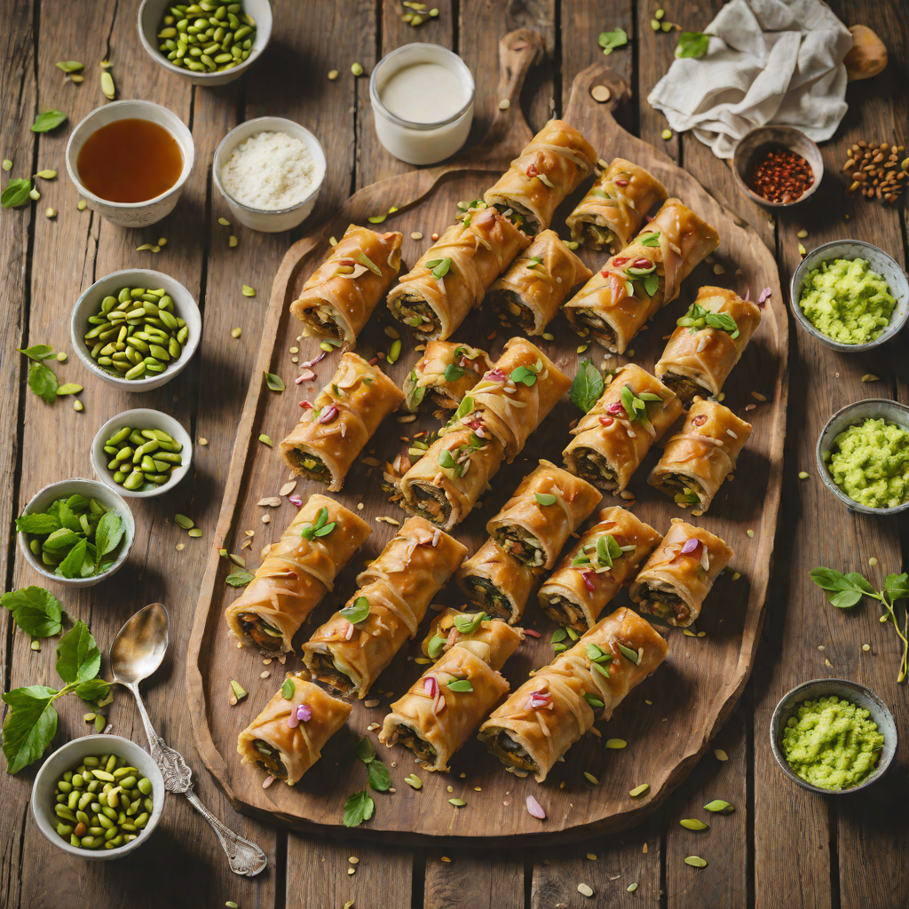 Date and Pistachio Baklava Rolls with Rosewater Syrup