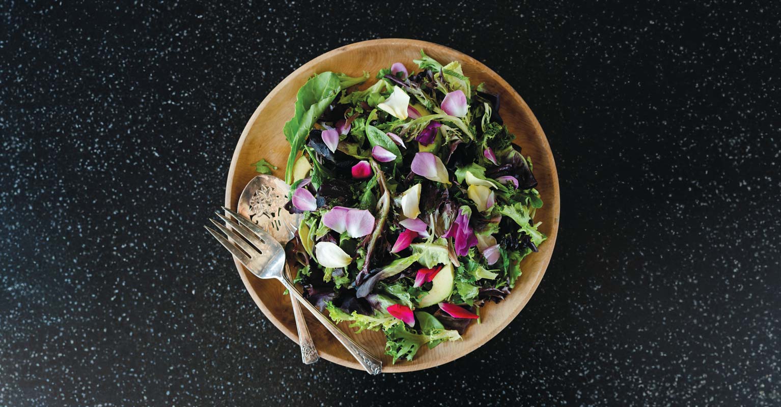 Foraged Greens & Edible Flower Salad with Lemon-Dill Dressing