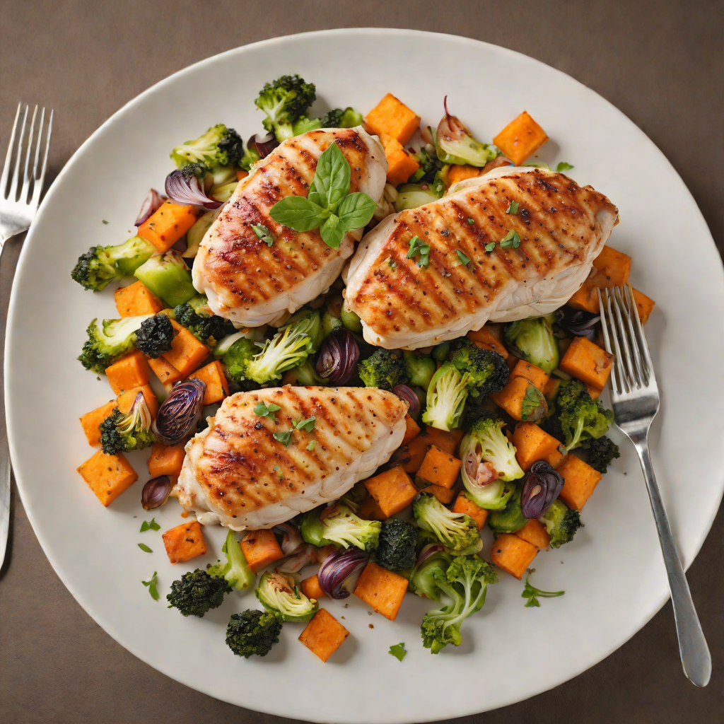 Pan-Seared Chicken with Roasted Sweet Potato and Brussel Sprouts