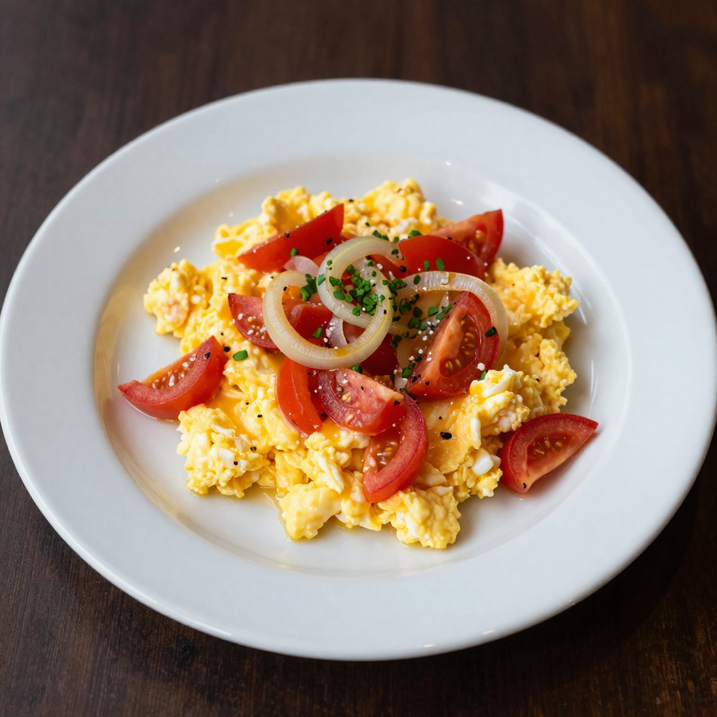 Perico Scrambled Eggs with Tomato, Onion and Sweet Pepper