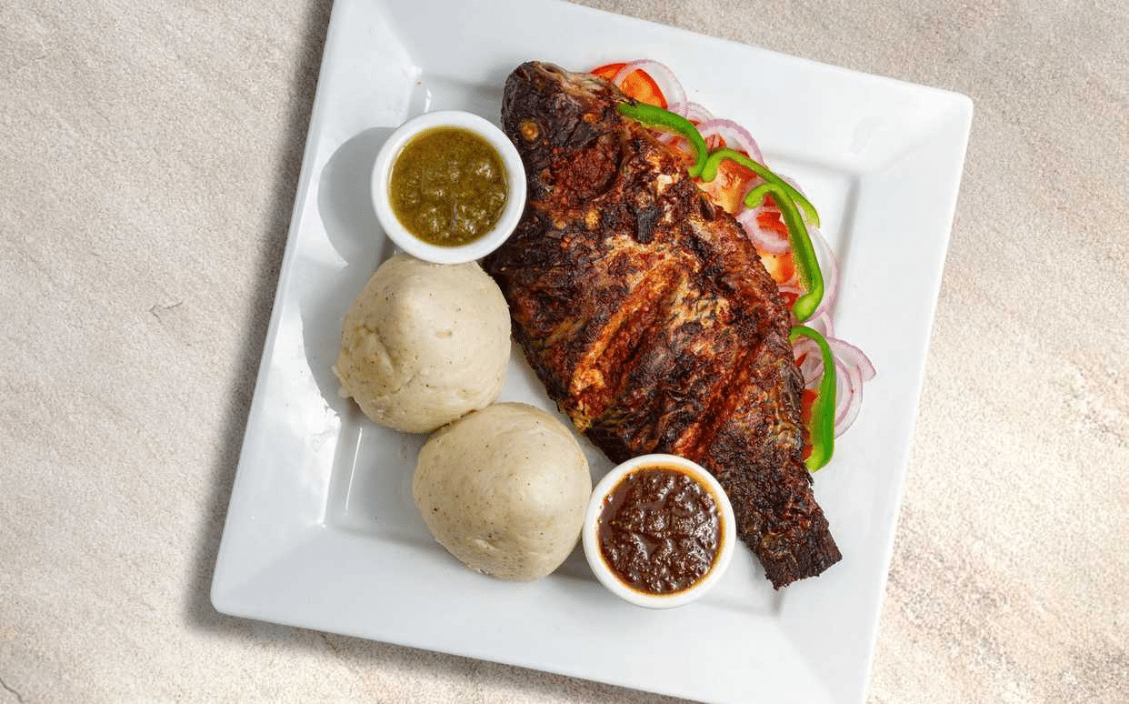 Banku with Grilled Tilapia and Pepper Sauce