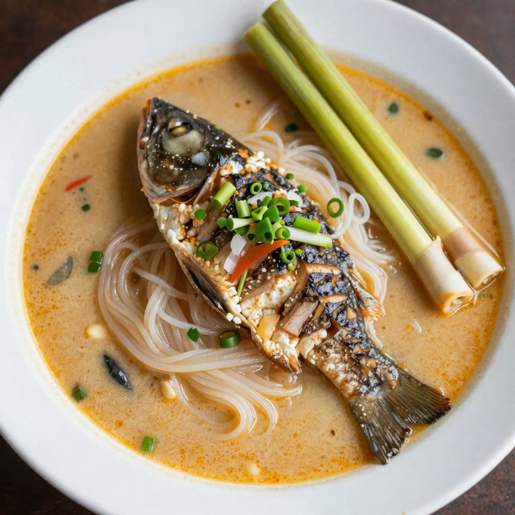 Mohinga Catfish Rice Noodle Soup with Lemongrass and Banana Stem