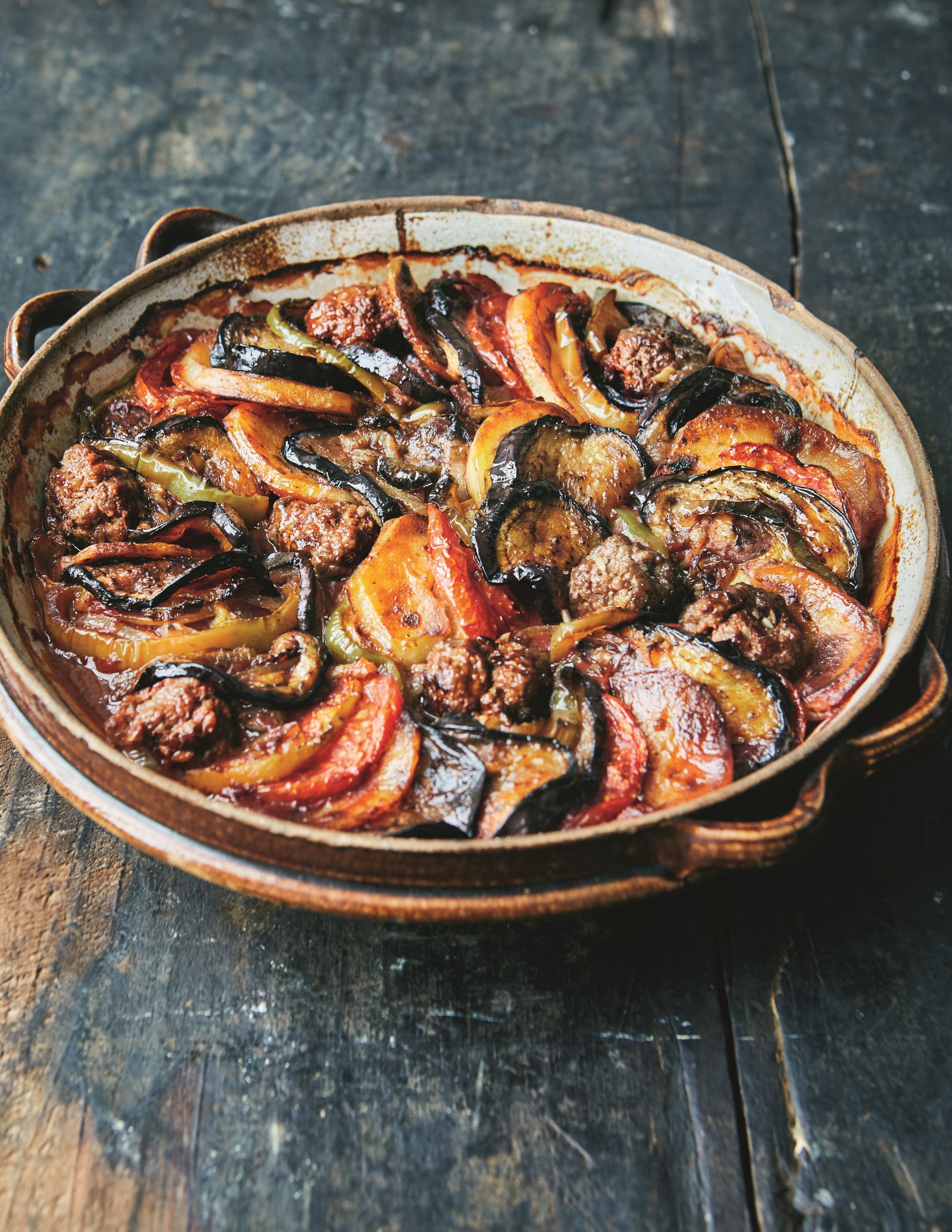 Tepsi Baytinijan Eggplant and Beef Meatball Bake with Tomato and Potato