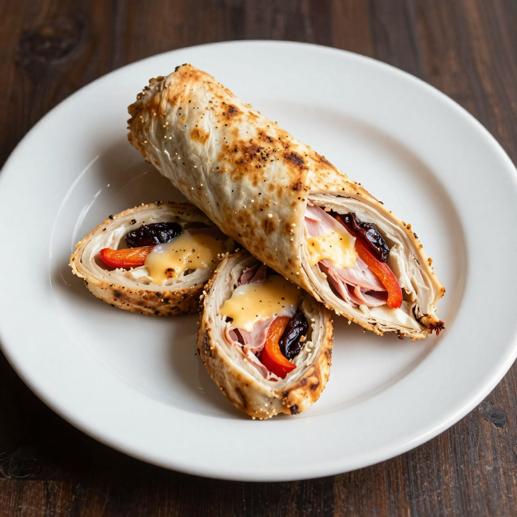 Pamplona de Pollo Chicken Roll with Ham, Cheese, Red Pepper and Prunes