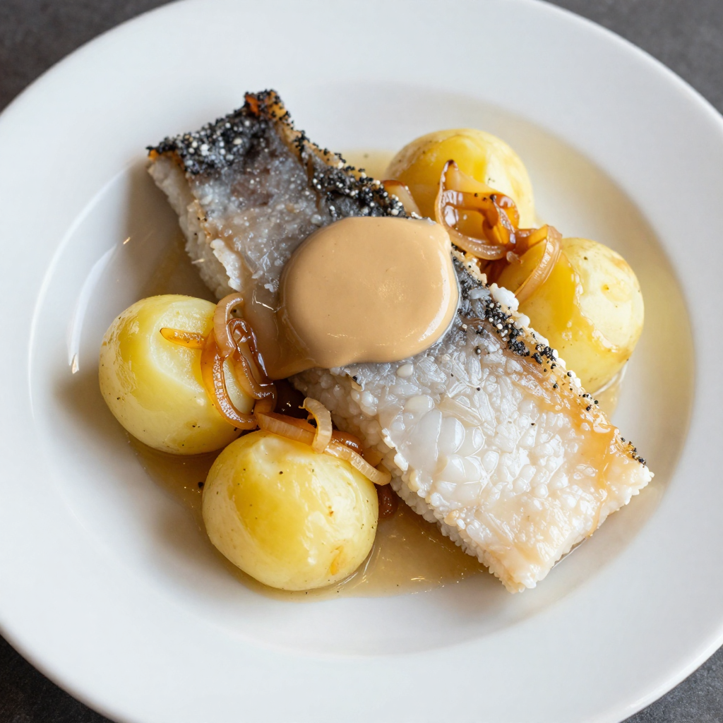 Saltfiskur Salt Cod with Boiled Potatoes, Caramelized Onion and Brown Butter
