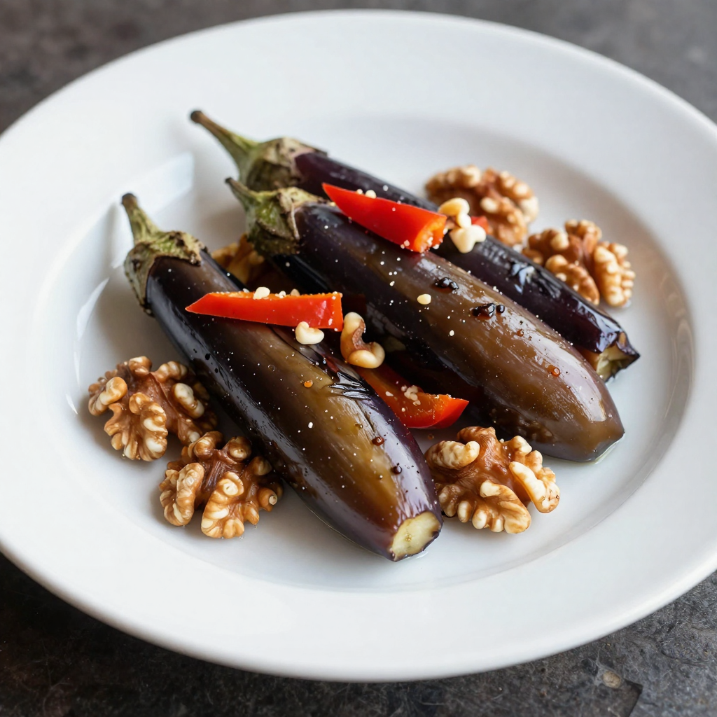 Makdous Stuffed Baby Eggplants with Walnuts and Red Pepper