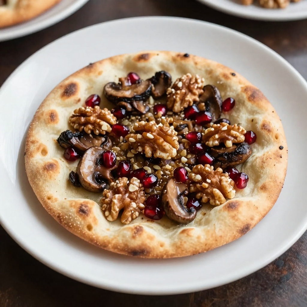 Sfiha Syrian Flatbread with Spiced Walnut, Mushroom and Pomegranate Filling