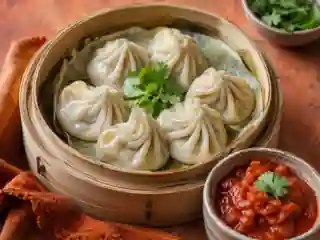 Steamed Pork Momo Dumplings with Roasted Tomato Achar