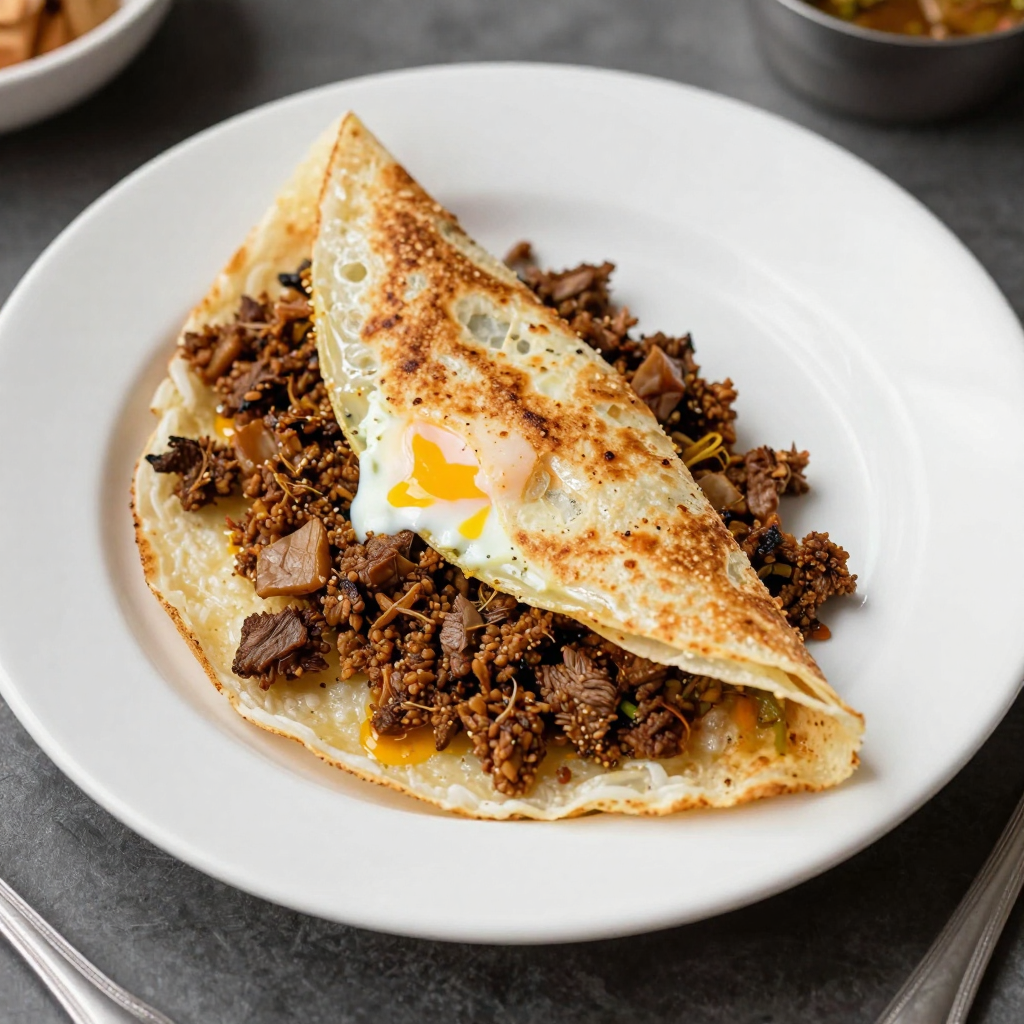 Chatamari Newari Rice Crepe with Spiced Minced Lamb and Egg